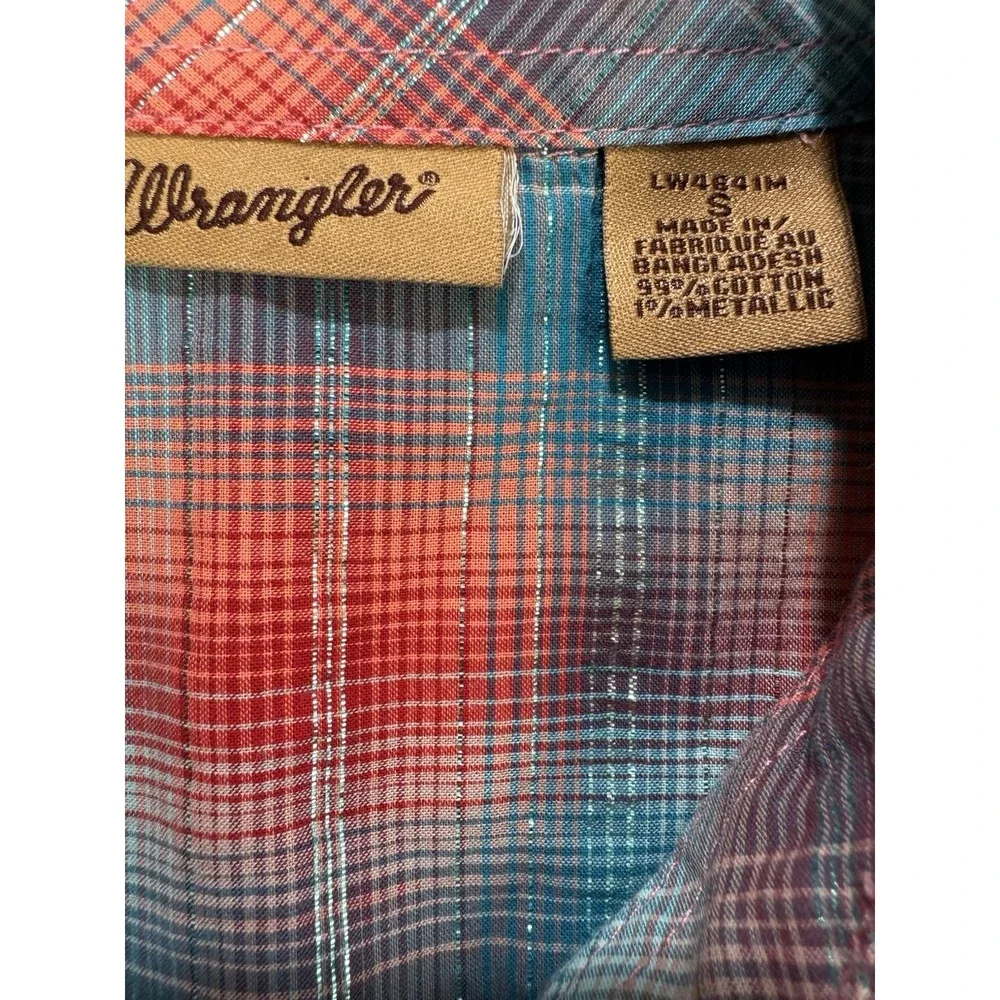 Wrangler Button Up Shirt Women S Rust Blue Metallic Plaid Embellished Cowboy - Picture 2 of 7